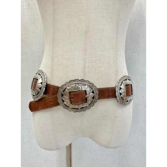 Accessories - Vintage '93 Brown Leather Sunflower Silver Concho Belt Womens Large Southwestern